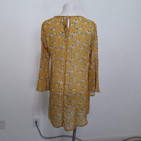 C&A Mustard Yellow Boho Floral Cottagecore Long Bell Sleeve Relaxed Fit Dress M - Picture 6 of 11